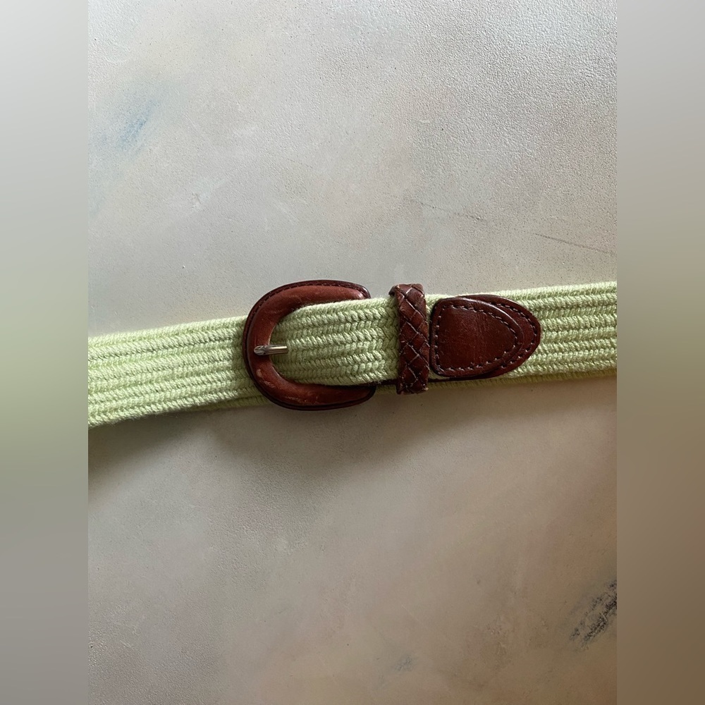 TALBOTS Vintage Sage Green Woven Stretch Belt Genuine Leather Trim Medium
